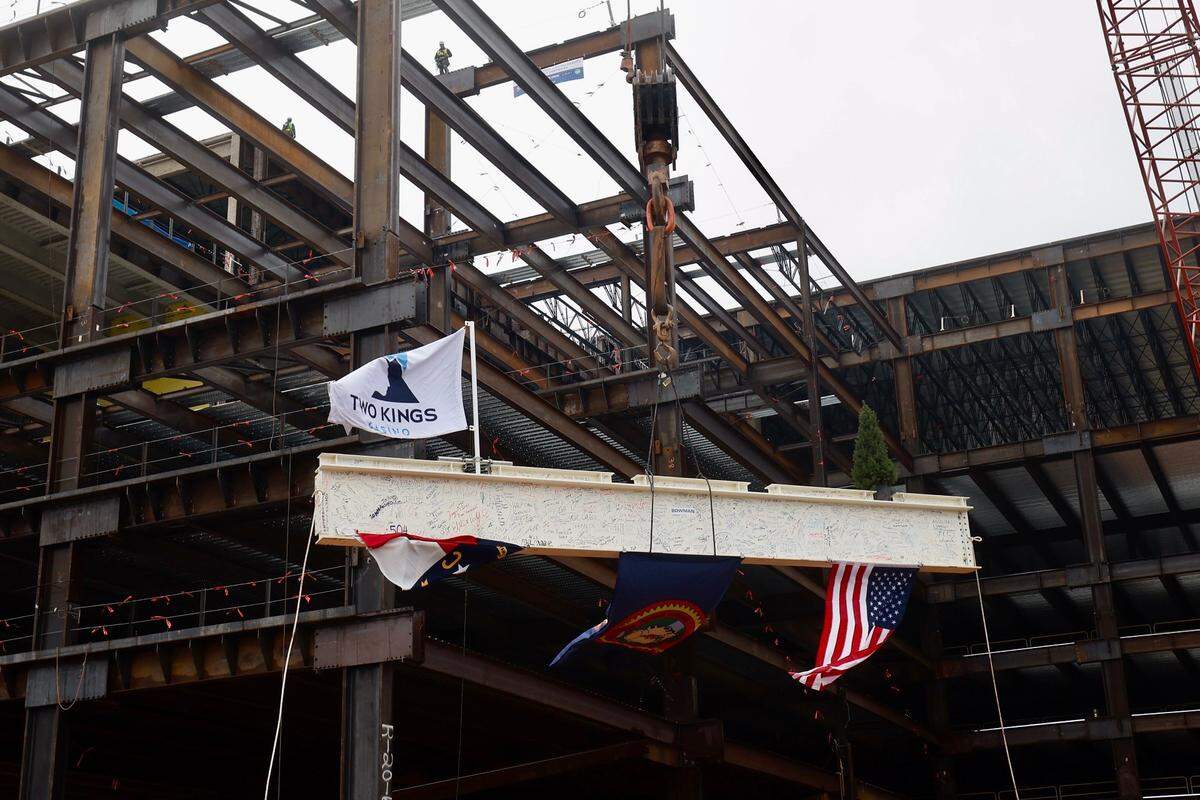 A ceremonial beam is lifted to be placed atop the Two Kings Casino complex’s permanent casino in Kings Mountain on Monday, October 27, 2025.