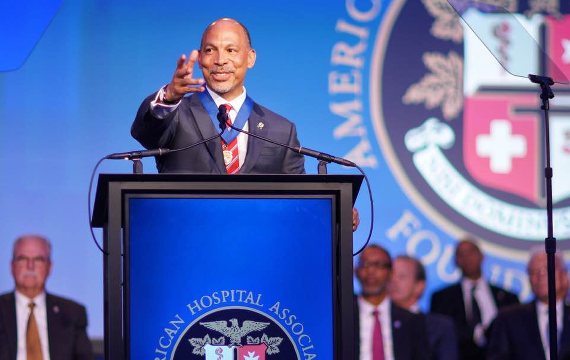 Gene Woods gives his inaugural speech as American Hospital Association chair in May 2017.