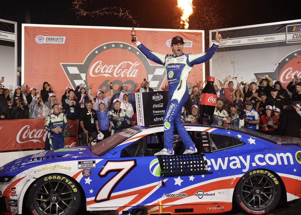 Daniel Suarez celebrates on Victory Lane after winning the Coca Cola 600 Sunday, May 24, 2026 at Charlotte Motor Speedway.
