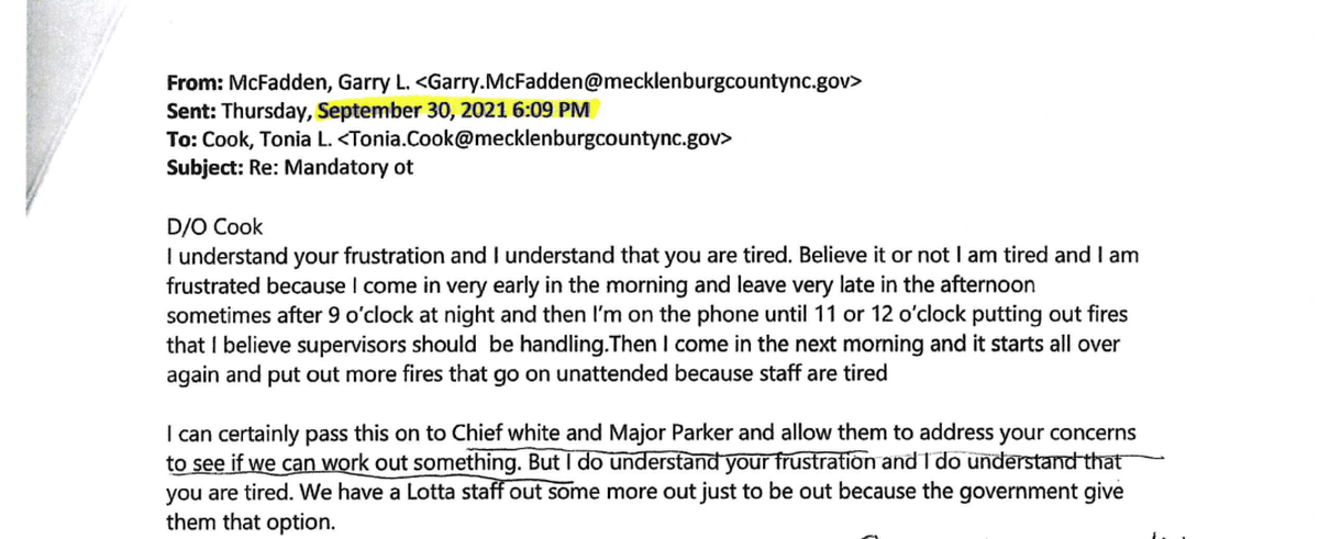 Sheriff Garry McFadden’s email to Tonia Cook after she lamented working conditions in the county jail.