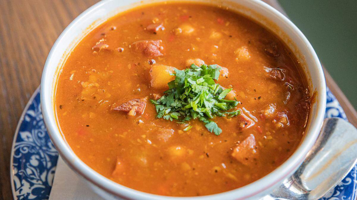 A bowl of Spanish bean soup.
