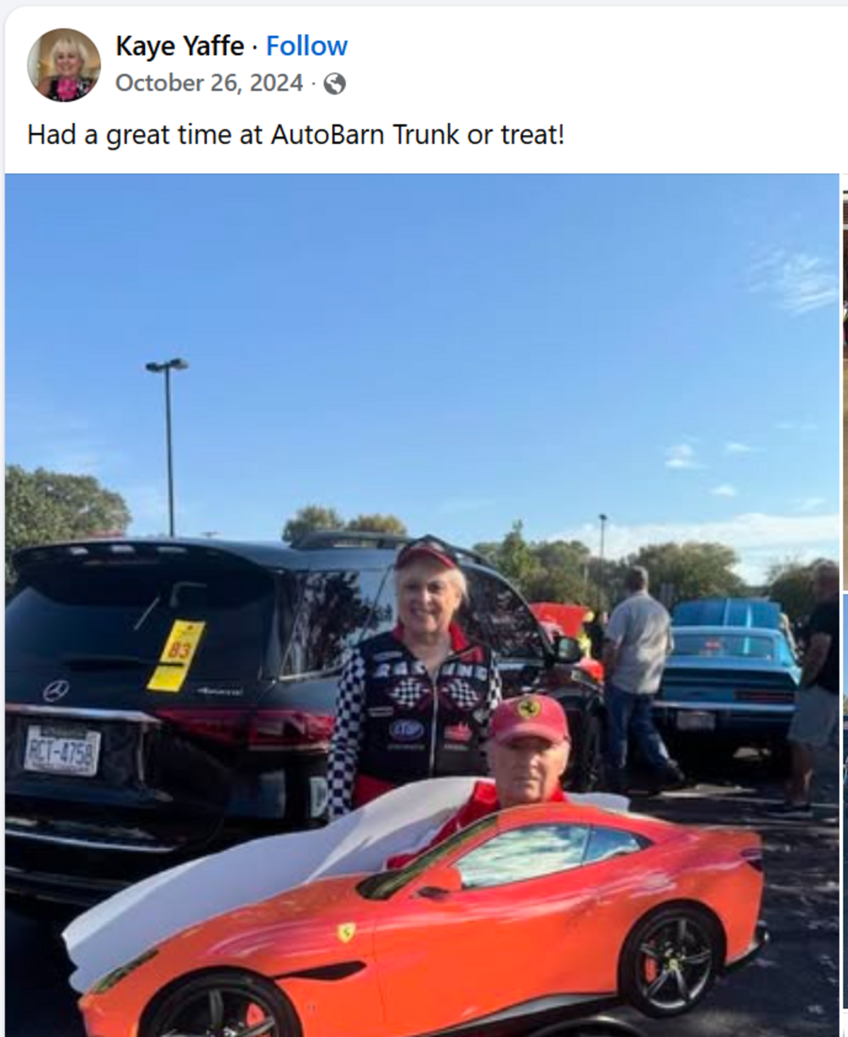 An October 2024 post from Kaye Yaffe’s Facebook page shows Yaffe and John Cotham posing for a photo at a Halloween trunk-or-treat event.