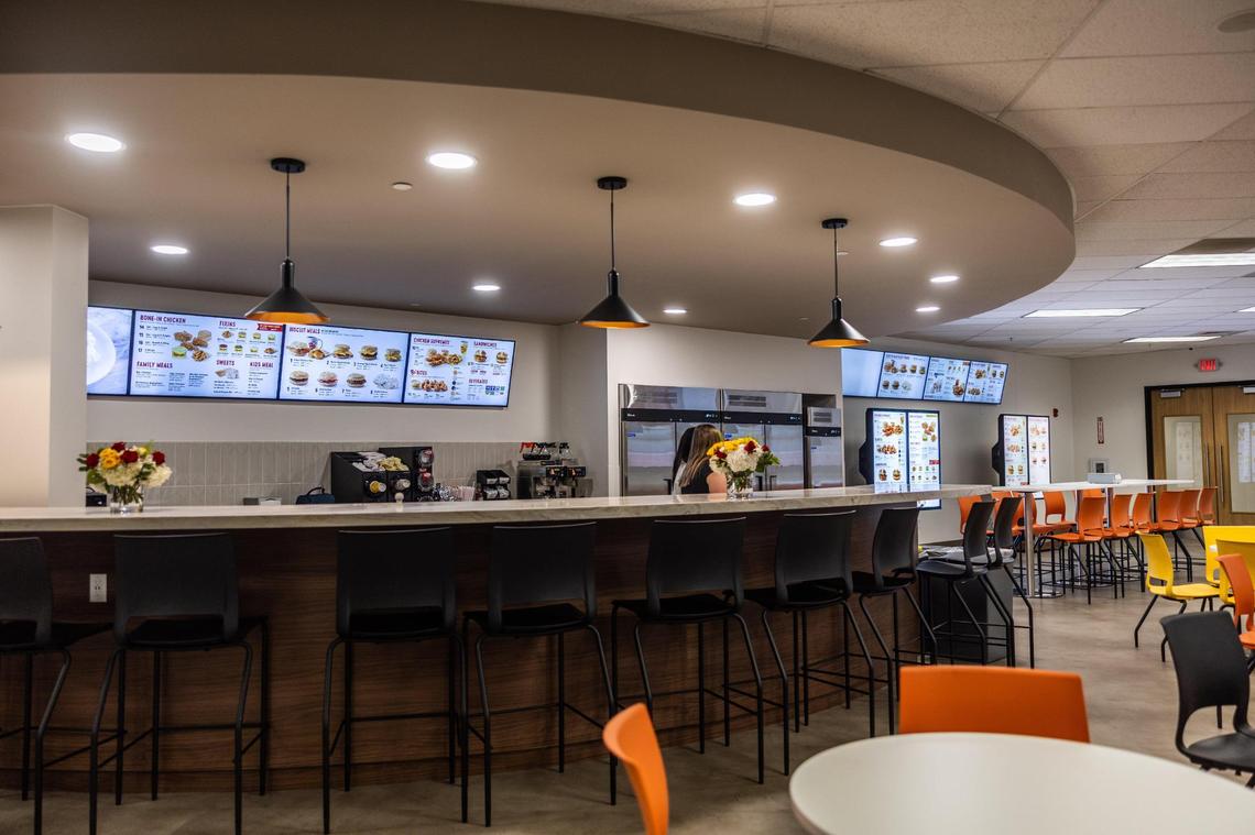 The cafeteria, called the Biscuit Cafe, is multipurpose as a break room and meeting space in Bojangles new Support Center in Charlotte, N.C.