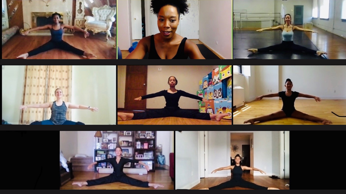 When Kim Jones of Charlotte started her online dance program she enlisted Nya Bowman (top center), a dancer and teacher at the Martha Graham School of Contemporary Dance, as one of her teachers. Jones and Bowman were former colleagues at Martha Graham. The online program attracted dancers from 25 states and 14 countries.