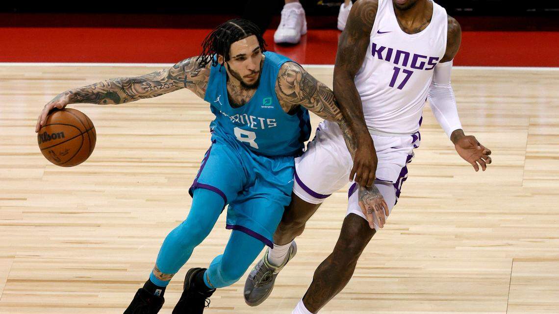 LiAngelo Ball (8) of the Charlotte Hornets drives against Ade Murkey (17) of the Sacramento Kings during the 2021 NBA Summer League at the Thomas & Mack Center on August 9, 2021 in Las Vegas, Nevada. (Ethan Miller/Getty Images/TNS)