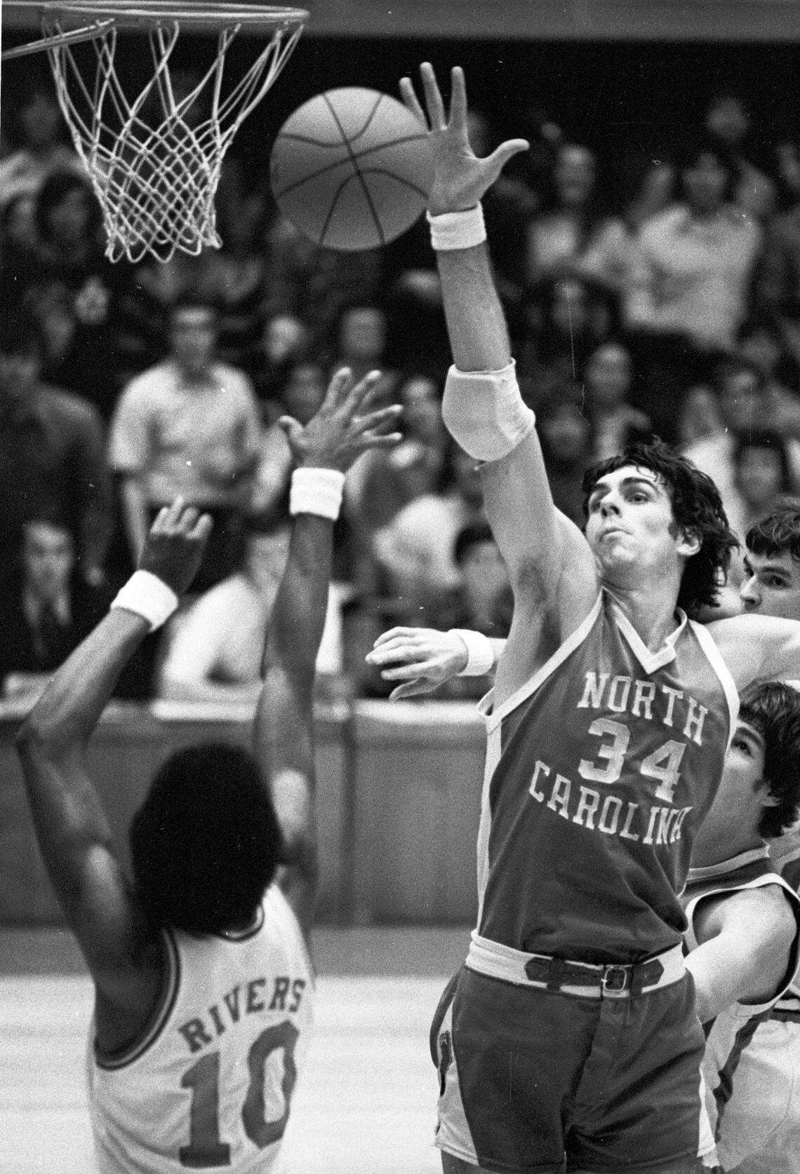 Bobby Jones’ favorite play in basketball was a blocked shot, like this one he executed against N.C. State’s Mo Rivers in 1974.