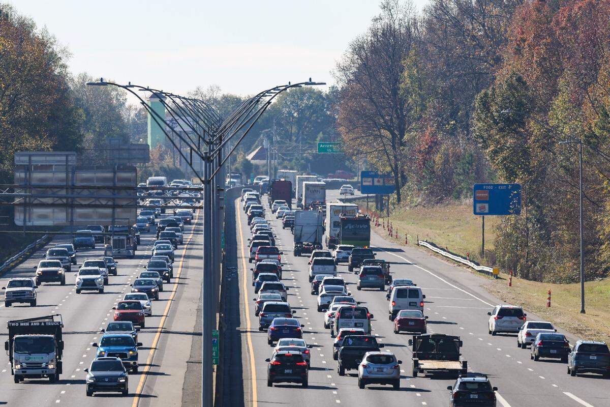 Interstate 77 traffic stacks up in Charlotte in this November 2022 file photo.