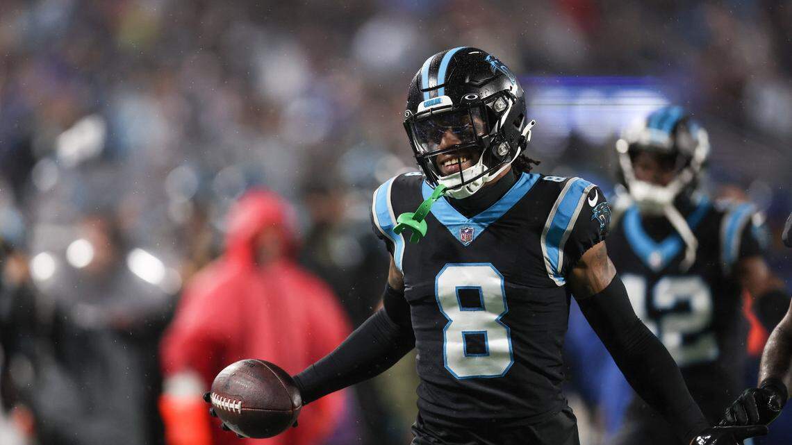 Carolina Panthers cornerback Jaycee Horn celebrates a pick-six in the end zone on Thursday, November 10, 2022.