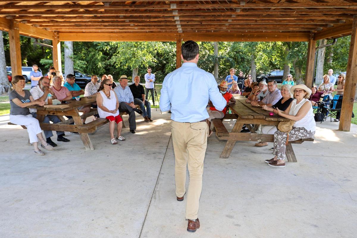 N.C. state senator Jeff Jackson, running for U.S. Senate as a democrat, speaks at a town hall gathering at Rock Creek Park in Albemarle, N.C., Thursday, June 17, 2021.