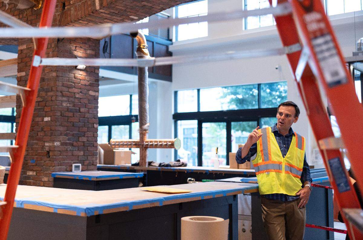 Olde Mecklenburg Brewery Chief Operating Officer Jim Birch tours construction of the second location opening in Ballantyne on June 1.