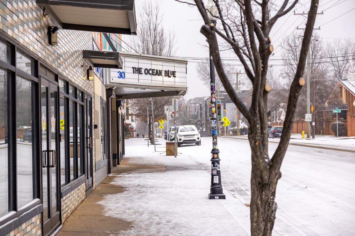 The Neighborhood Theatre in NoDa is shown after the winter storm in Charlotte on Jan. 24, 2026. The Ocean Blue’s Frigid Winter Days show on Friday has been canceled.