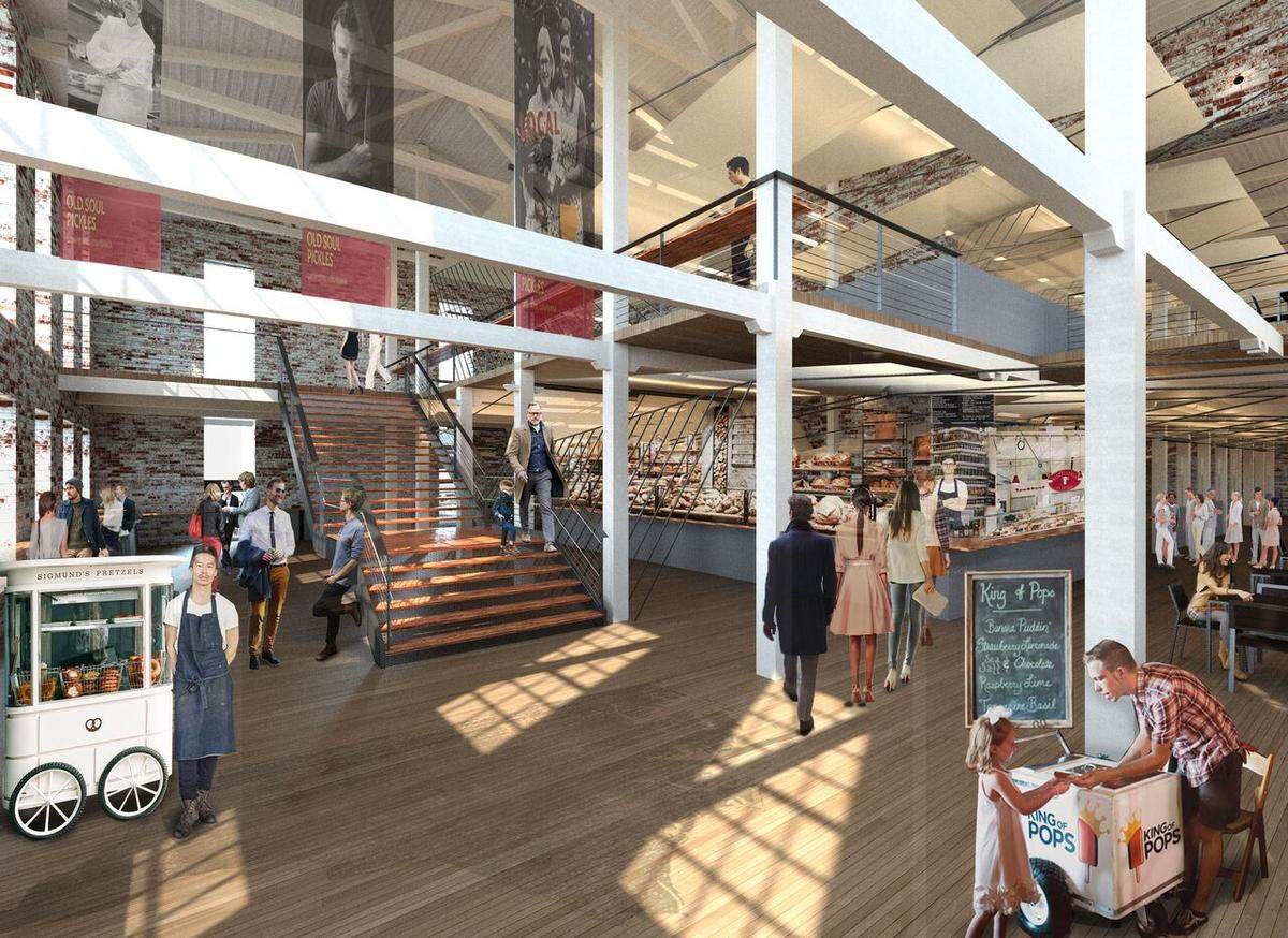Tompkins Hall has announced about half of the vendors expected for the food hall, shown in an artist's rendering.