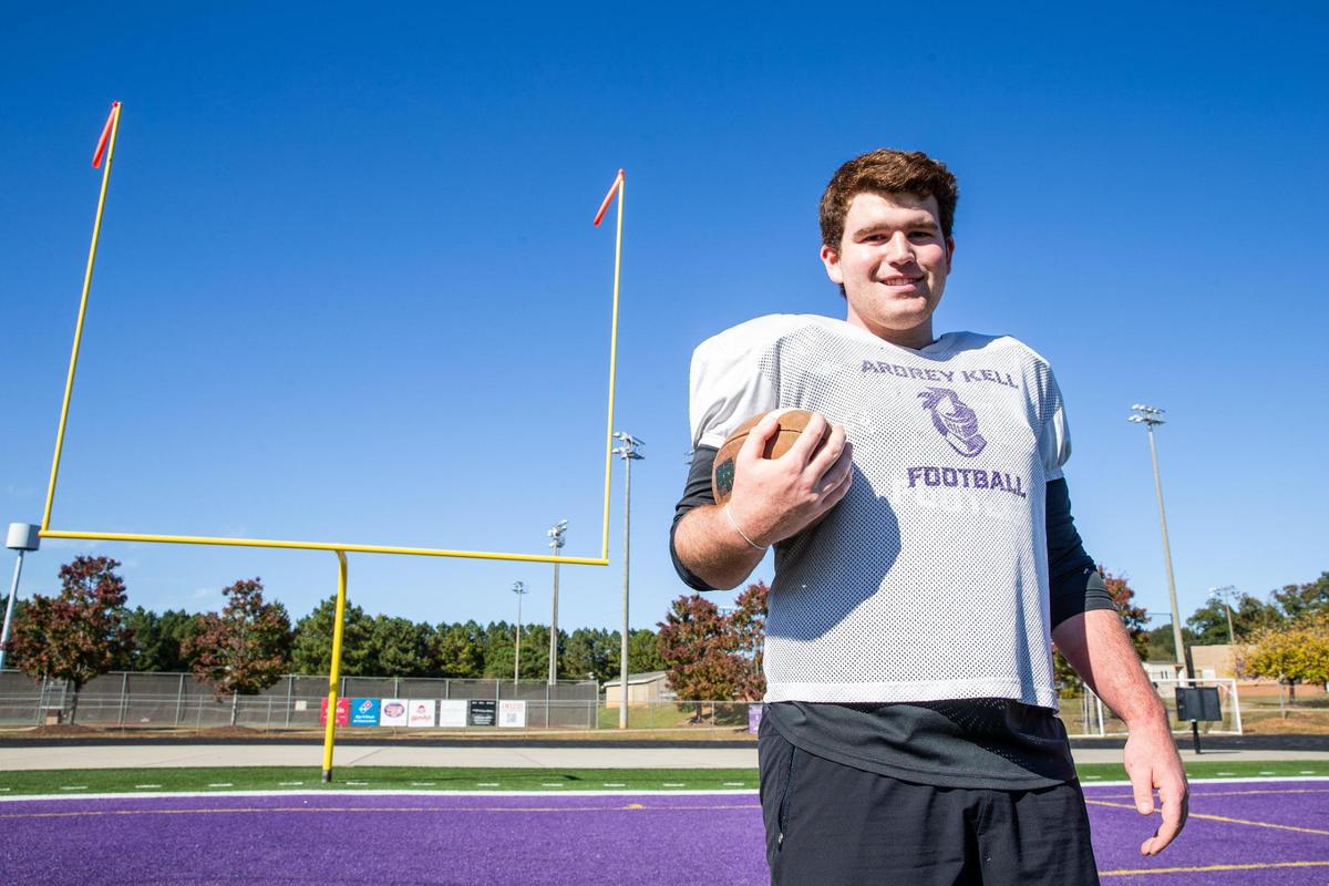 Jack Ludwick, a senior captain on the Ardrey Kell football team, poses for a portrait at Ardrey Kell High School on October 25, 2023. The senior has found himself involved in various positions on and off the field. In school, he’s the student body president, serves on student council, a senior head delegate for Model UN, a founder and president of the French Honor Society, and is a part of Young Life. On the field, he is a three time varsity letter winner and the center lineman for the football team.