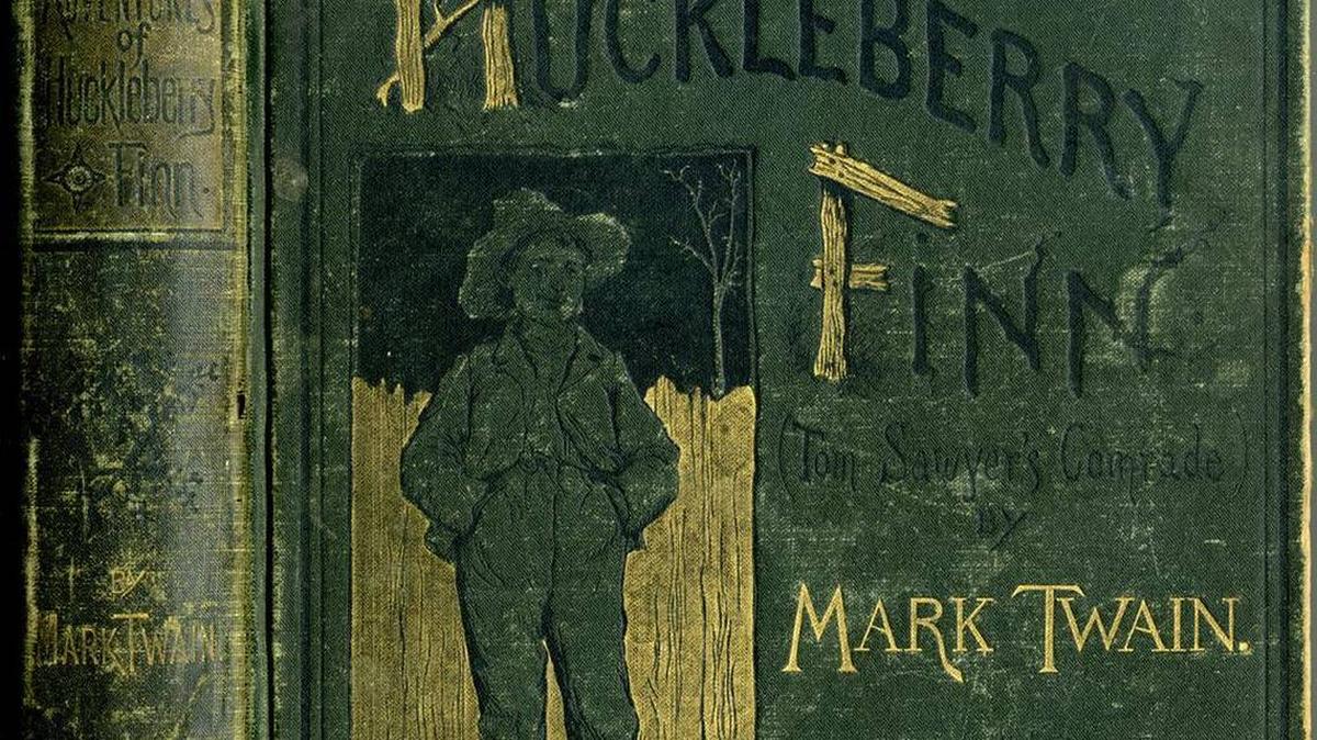 A first-edition, third-state cover of “The Adventures of Huckleberry Finn,” one of the most controversial books commonly taught in school curricula. According to the American Library Association, it’s No. 14 among the top 100 most banned or challenged books.