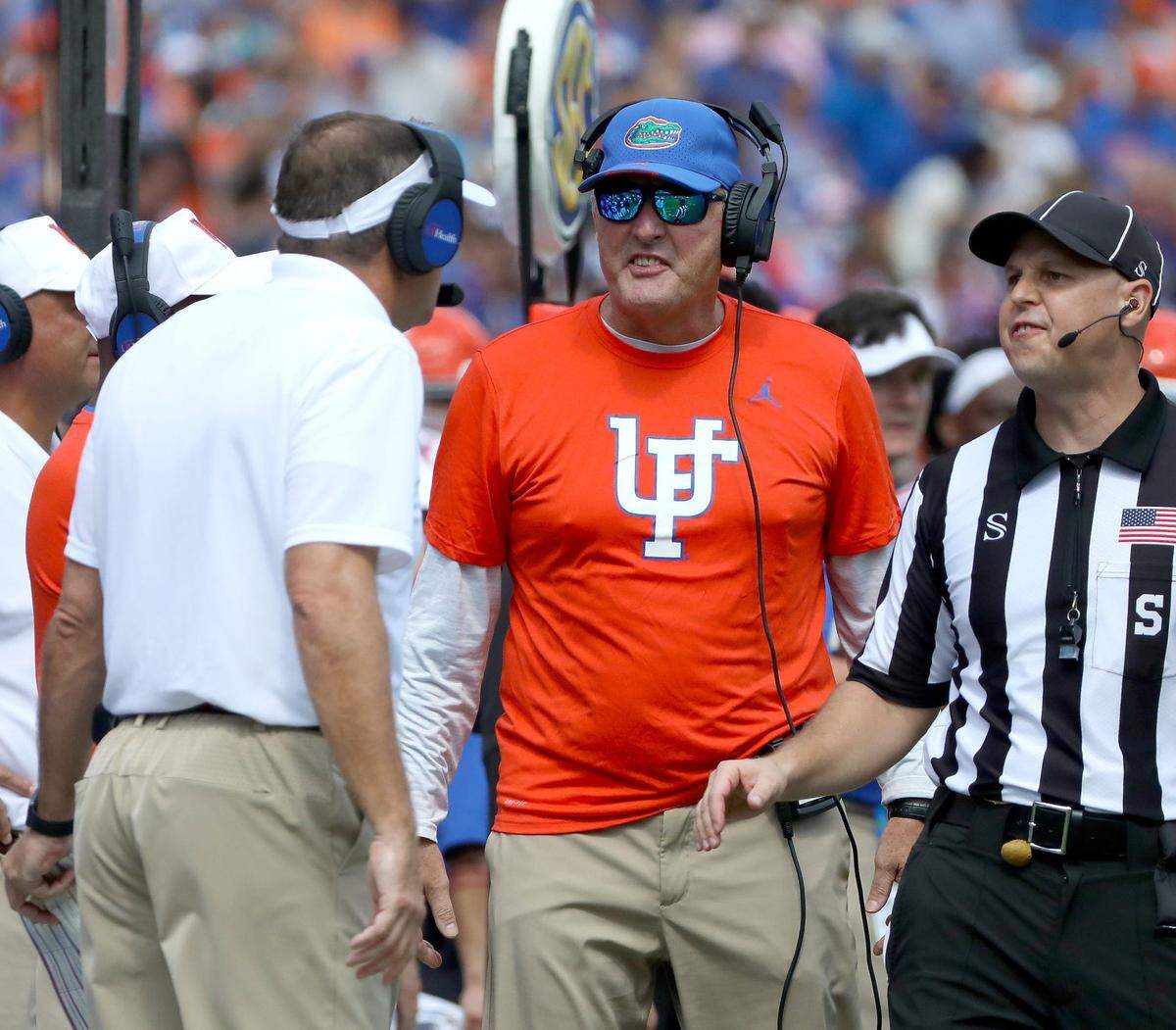 Florida Gators assistant coach Tim Brewster during a football game between the Florida Gators and the Vanderbilt Commodores at Ben Hill Griffin Stadium in Gainesville, Fla. October 9, 2021.