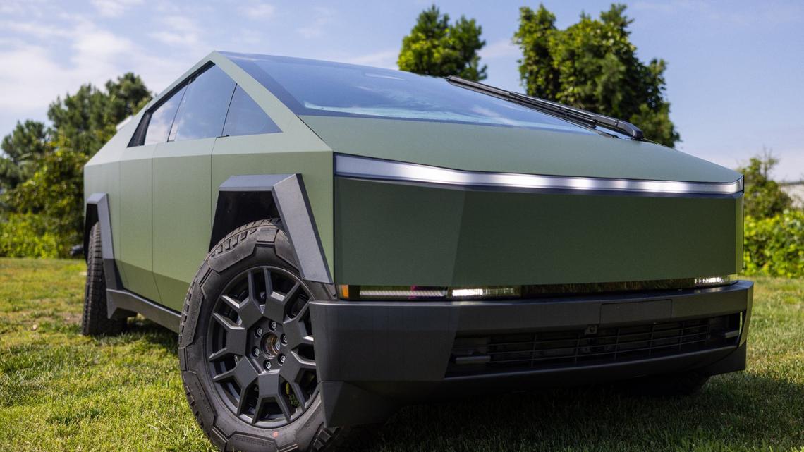 A Tesla Cybertruck with a green vinyl wrap by Brian Jenkins at i1Customs in Mooresville. The shop specializes in adding custom colors to the vehicles. 