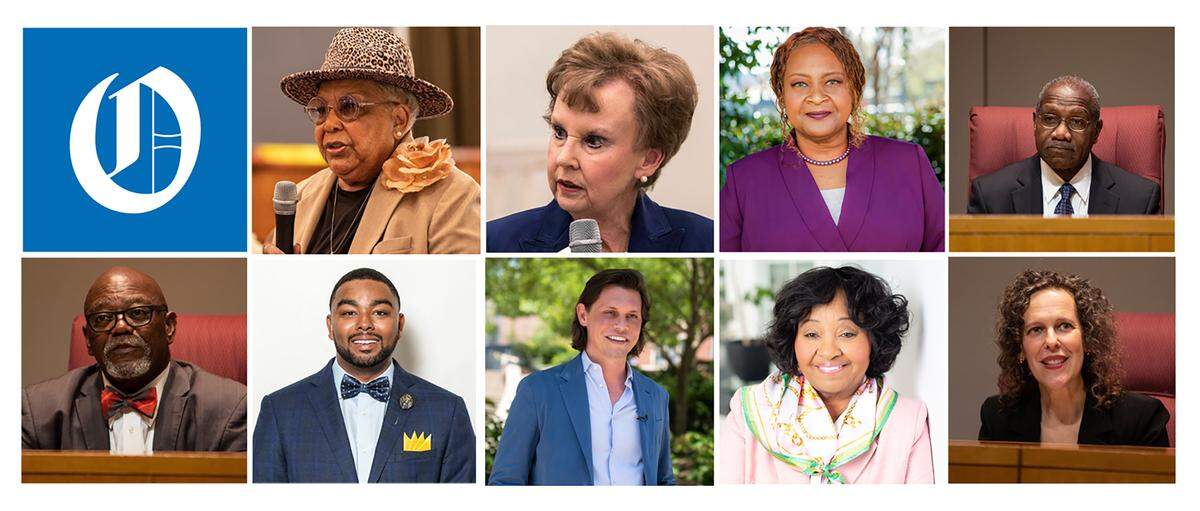 Top row from left, Vilma Leake, Pat Cotham, Yvette Townsend-Ingram, Arthur Griffin, George Dunlap, Charles Osborne, Blake Van Leer, Felicia Thompkins and Leigh Altman are running for seats on the Mecklenburg County Board of Commissioners in 2024.