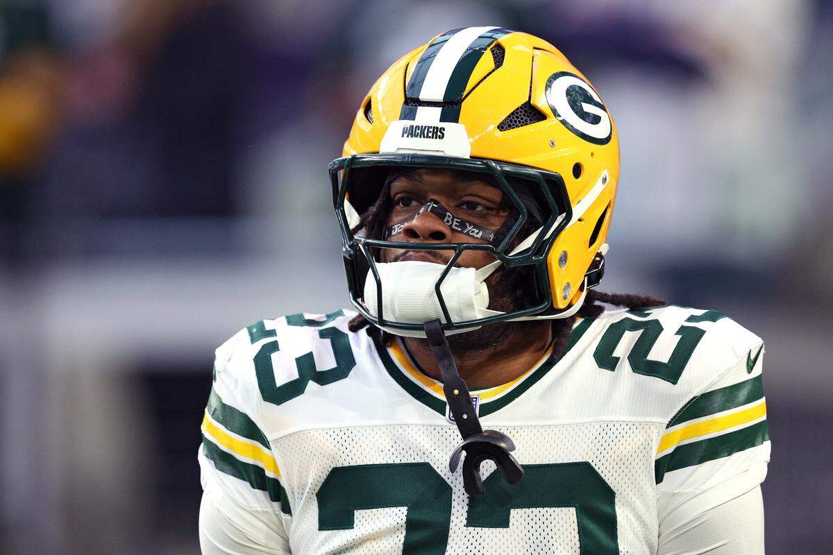 Green Bay Packers running back Emanuel Wilson at U.S. Bank Stadium on Jan. 4, 2026, in Minneapolis.