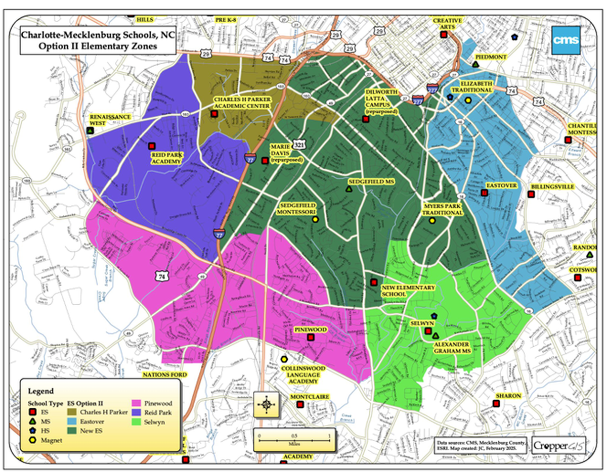 Charlotte-Mecklenburg Schools Board of Education members are considering two different options for how to adjust boundaries in south Charlotte after building a new elementary school close to Park Road in the Montford and Freedom Park area. This is option No. 2. In this scenario, the new school would open at 95% utilization and would only be possible if out-of-zone students at two schools are reassigned back to their home schools.