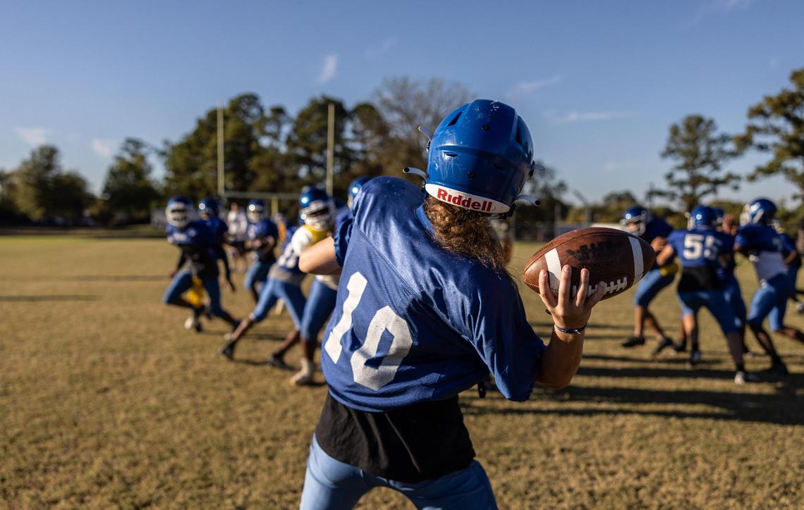 “She could end up playing quarterback (in high school),” says her middle-school coach, Casey Espich. “She’s got the strength and the vision. It would just be — once you get to high school, those boys are big. Can she see over the line? Can she read the field? It could go any way.”