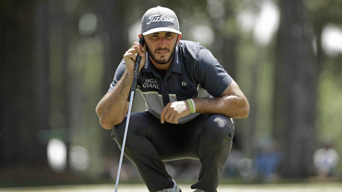 Max Homa lines up a putt on the ninth hole during the second round of the 2019 Wells Fargo Championship at Quail Hollow Club.