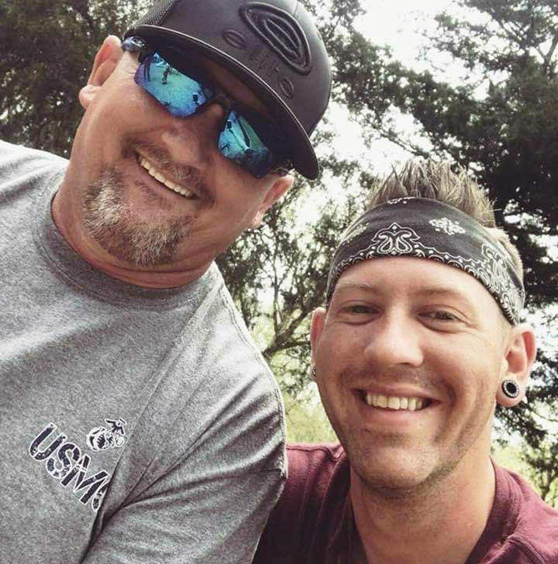 Scott Starnes, left, with his son, Josh. Starnes lost his life when a car going 110 mph slammed into his pickup truck.