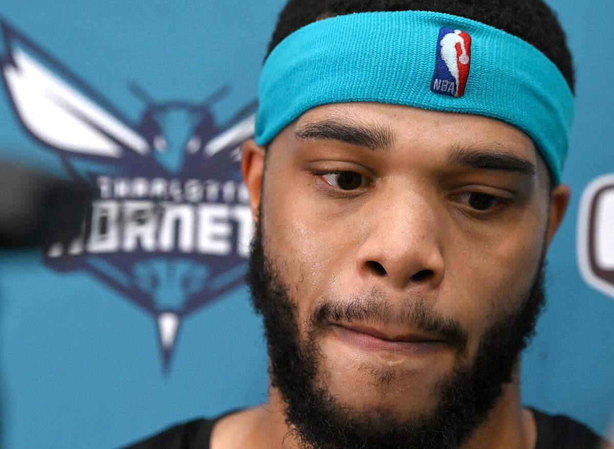 Charlotte Hornets forward Miles Bridges listens to a question from a media member following practice on Thursday, November 16, 2023. Bridges is scheduled to return to play against the Milwaukee Bucks on Friday. Bridges is eligible to return to the active roster after serving his NBA suspension.