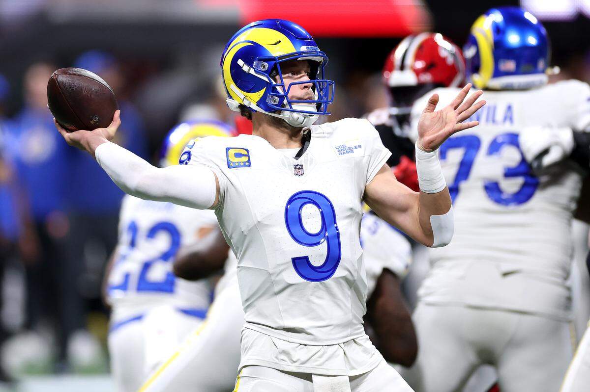 Los Angeles Rams quarterback Matthew Stafford throws a pass against the Atlanta Falcons during the first quarter at Mercedes-Benz Stadium on Dec. 29, 2025, in Atlanta.