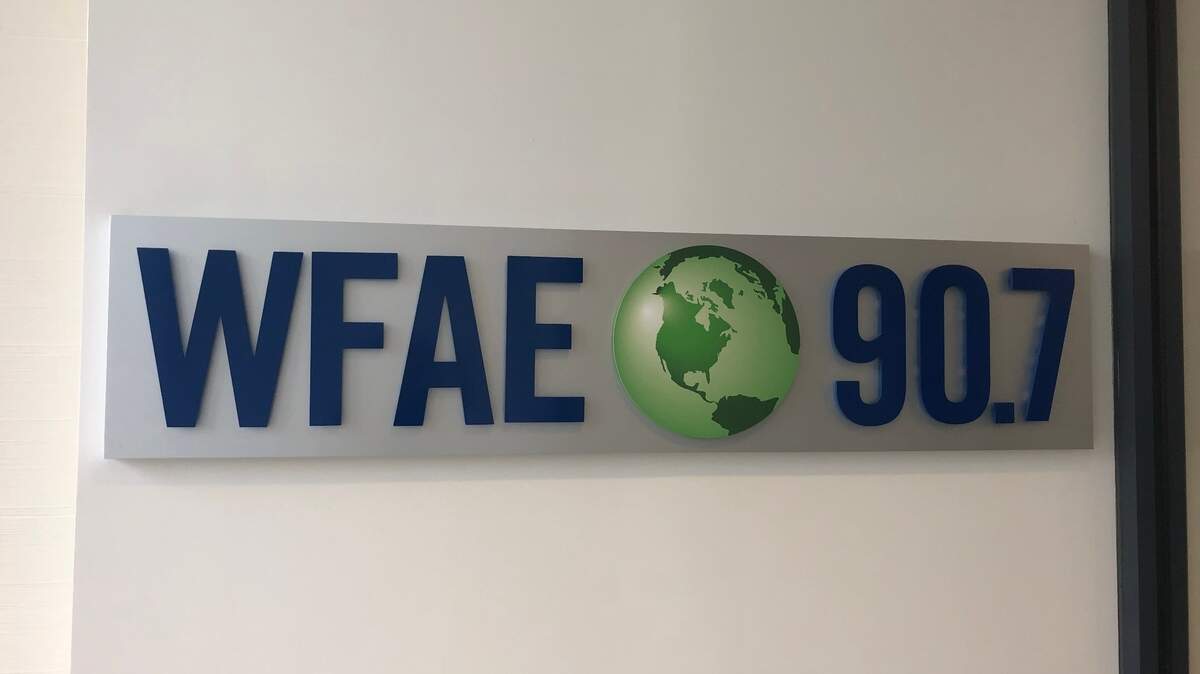 WFAE sign at radio station offices in University City in Charlotte.