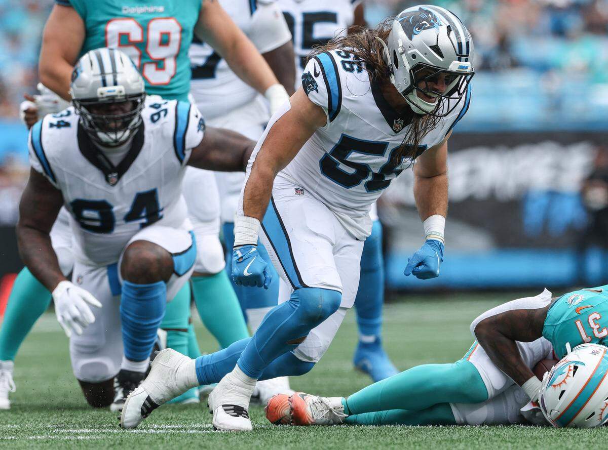 Panthers linebacker Christian Rozeboom is hype after a tackle that prevented the Dolphins from gaining yardage during the game at Bank of America Stadium in Charlotte, NC on Sunday, October 5, 2025.