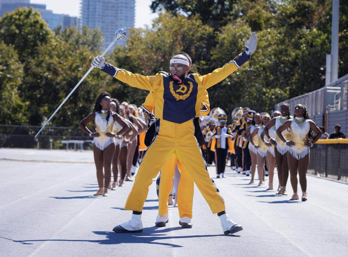 Johnson C Smith University Marching Band perform before the game. The Bulls go to 7-0 as they defeat Shaw University 21-14 Saturday October 19, 2024.