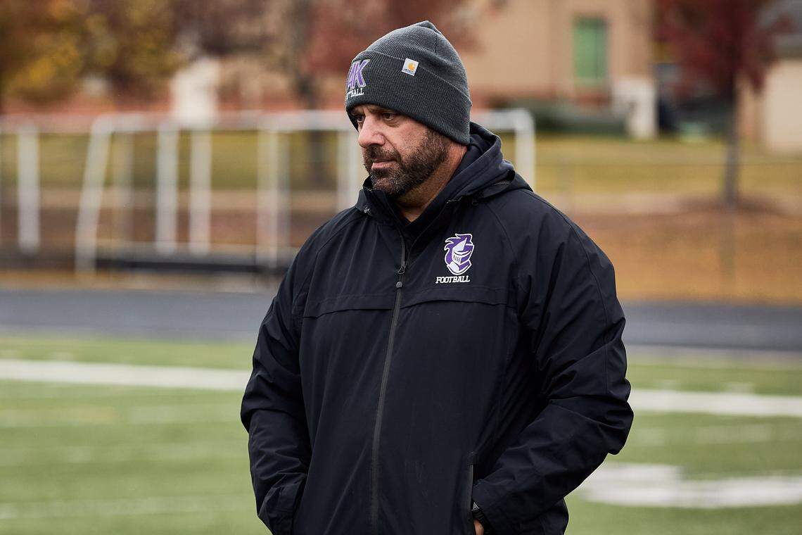 Ardrey Kell Head Coach Greg Jachym watches the defense take on the scout team during practice as the Knights prepare to take on Providence High School on October 30, 2025.