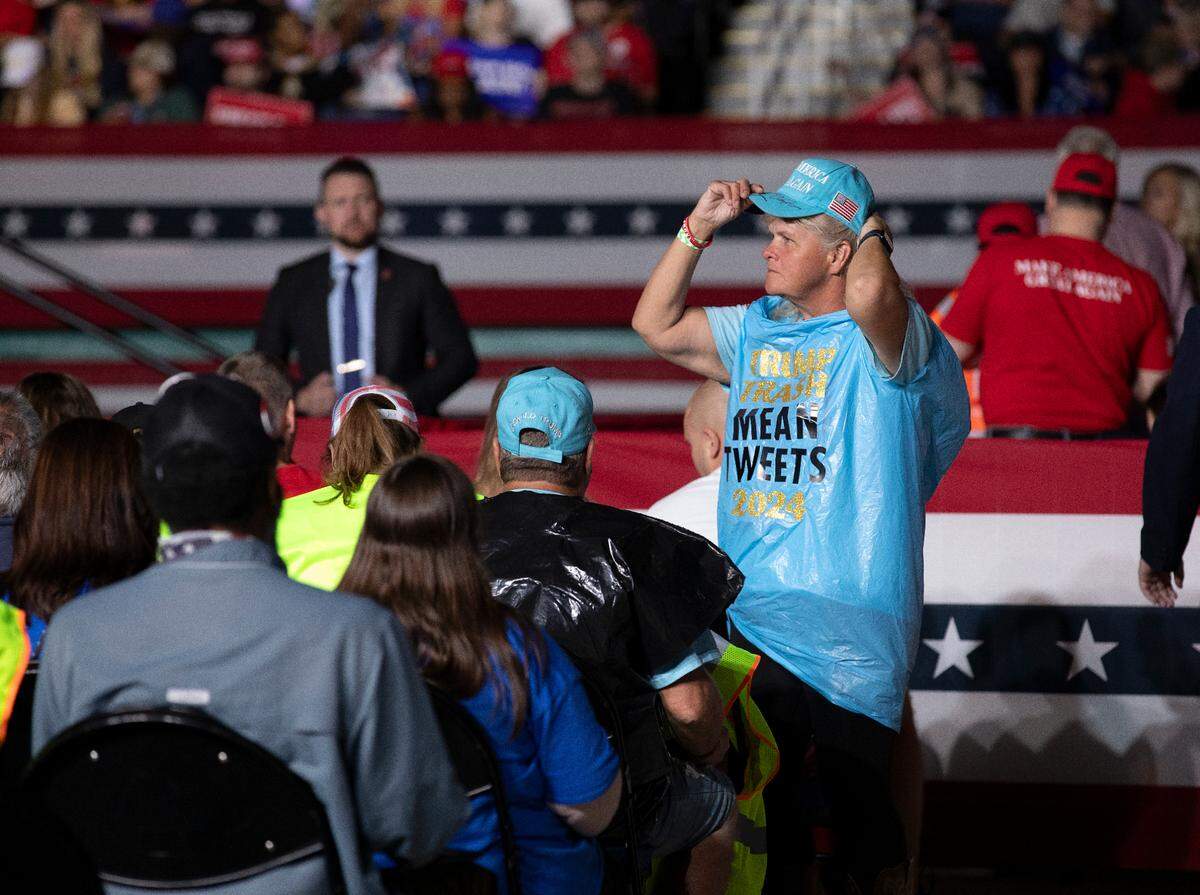 People await the start of a campaign rally in support of former President and Republican presidential candidate Donald Trump at First Horizon Coliseum in Greensboro, N.C. on Saturday, Nov. 2, 2024.