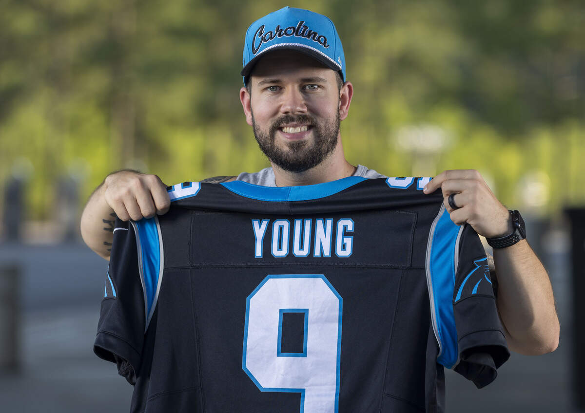 Carolina Panthers fan and podcaster Bryson Karbley is seen  with his Bryce Young jersey on Wednesday, July 1, 2026.