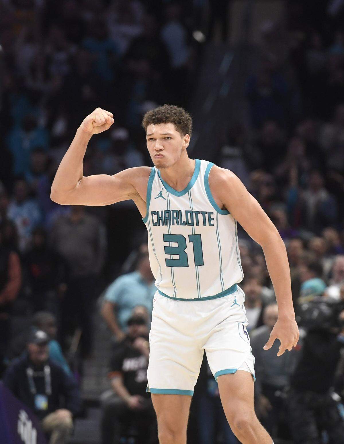 Charlotte Hornets forward Tidjane Salaun (31) reacts after scoring during the second half against the Miami Heat at the Spectrum Center. 