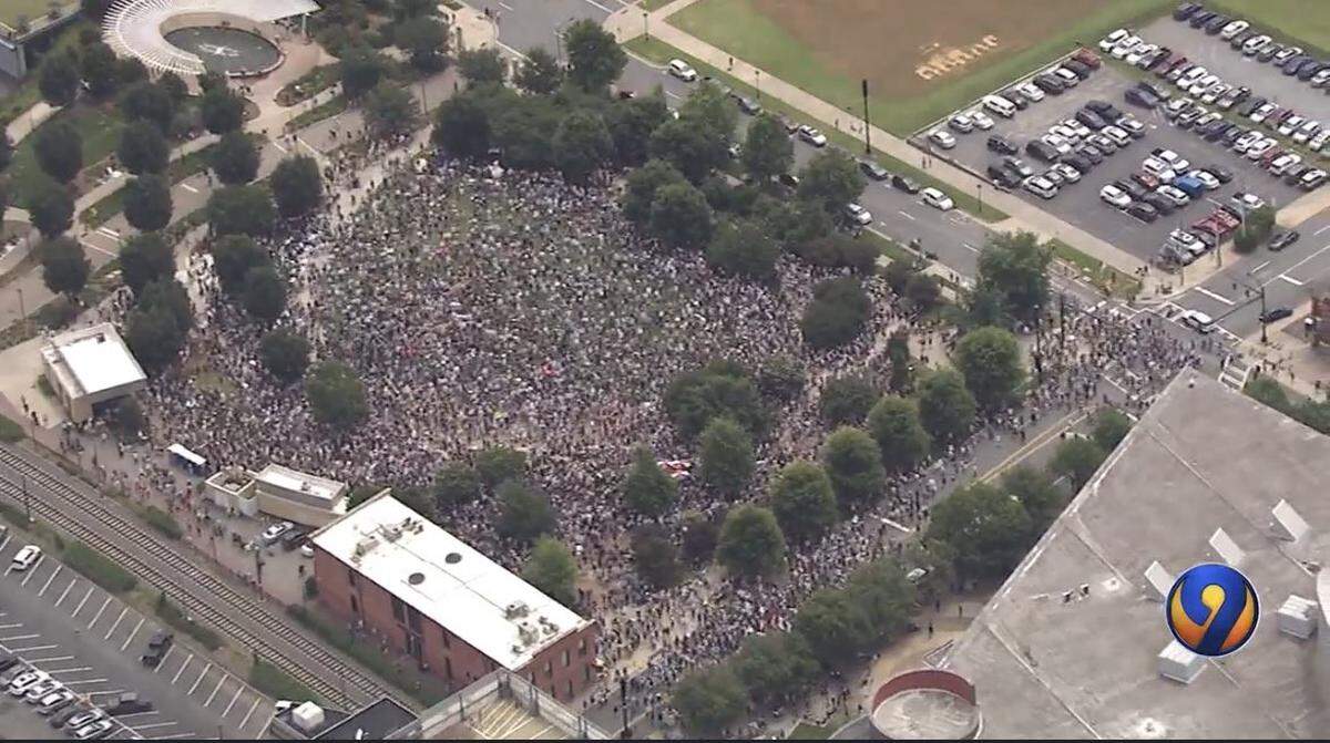 THe view from the air of First Ward Park and the “No Kings” anti-Trump protest Saturday.