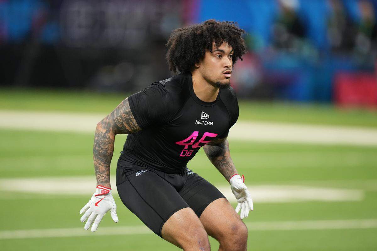 Feb 28, 2025; Indianapolis, IN, USA; Ohio State defensive back Lathan Ransom (DB46)  participates in drills during the 2025 NFL Combine at Lucas Oil Stadium. Mandatory Credit: Kirby Lee-Imagn Images