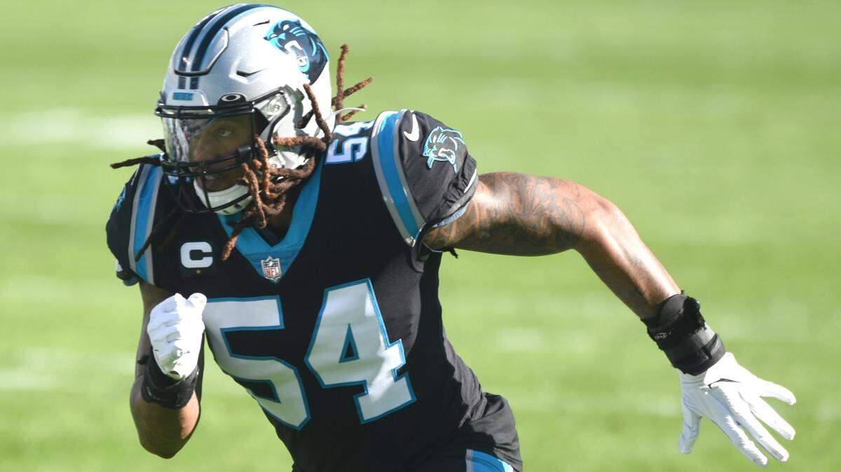 Carolina Panthers linebacker Shaq Thompson races toward the Denver Broncos backfield during first quarter action on Sunday, December 13, 2020. Thompson is the team’s representative in the Walter Payton Man of the Year Award.