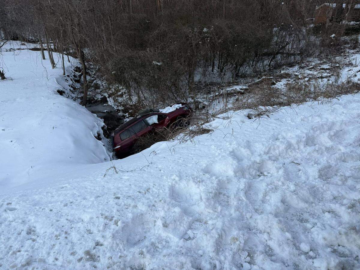 Fire and rescue officials freed two people trapped after their SUV went down an embankment and into a creek on Sunday.