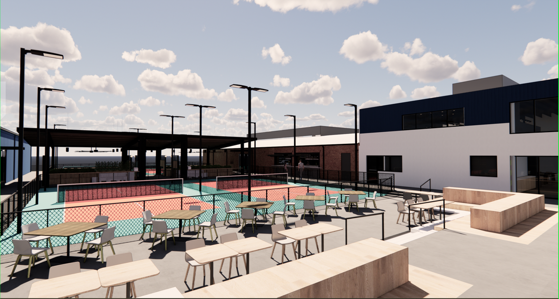 A Rally rendering showcases the space where players can relax with a drink or a bite to eat betwen matches.