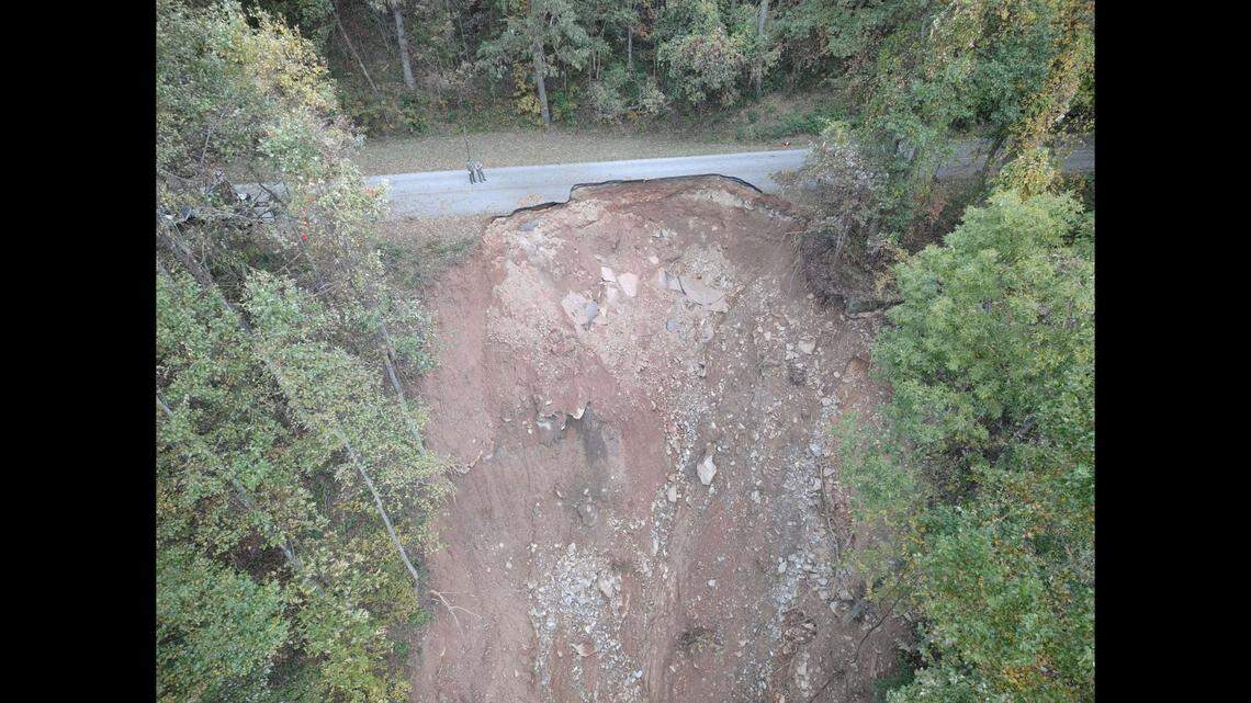 A section of the Blue Ridge Parkway washed out at milepost 401, south of Bent Creek Gap.