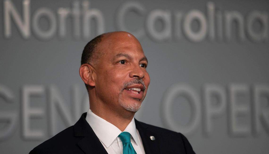 Gene Woods, CEO of Atrium Health, speaks during a press briefing with North Carolina Governor Roy Cooper on the COVID-19 virus on Wednesday, June 24, 2020 in Raleigh, N.C.
