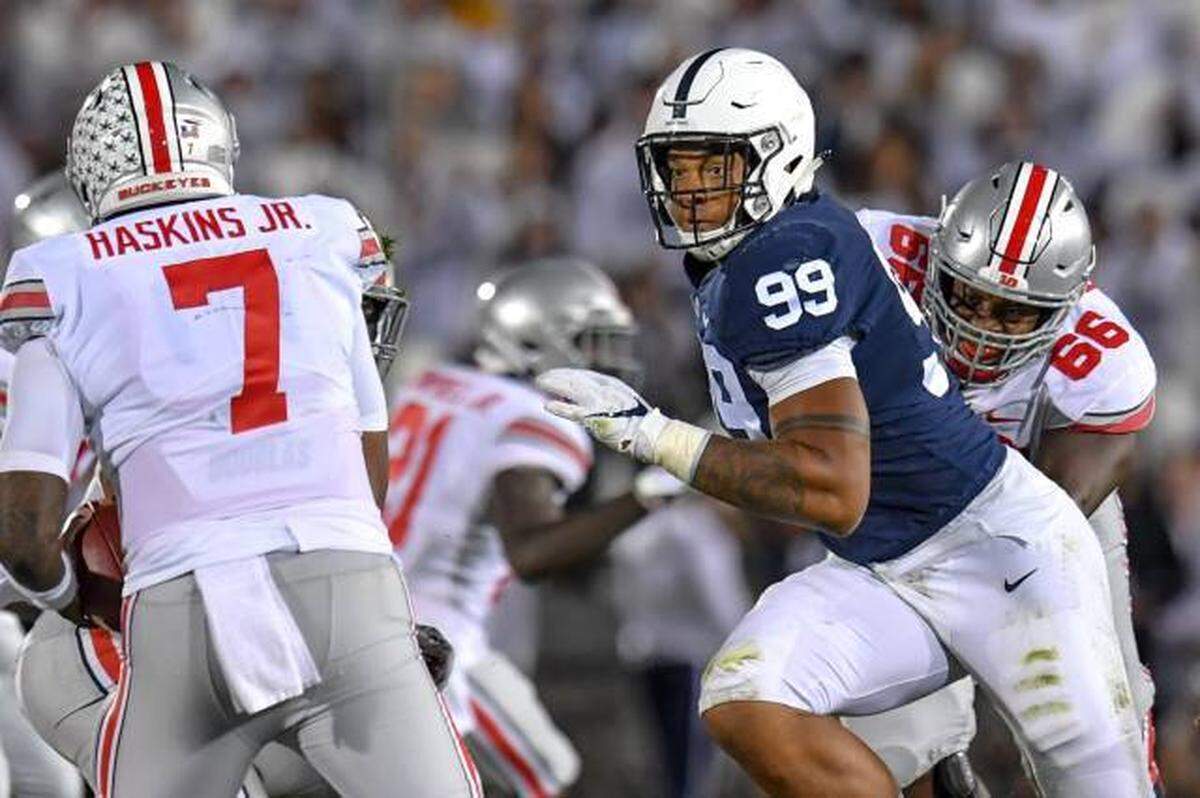 Yetur Gross-Matos, a defensive end from Penn State, was the Panthers’ second-round pick and the No. 38 pick overall in the 2020 draft. On this play, Gross-Matos chases Ohio State quarterback Dwayne Haskins.
