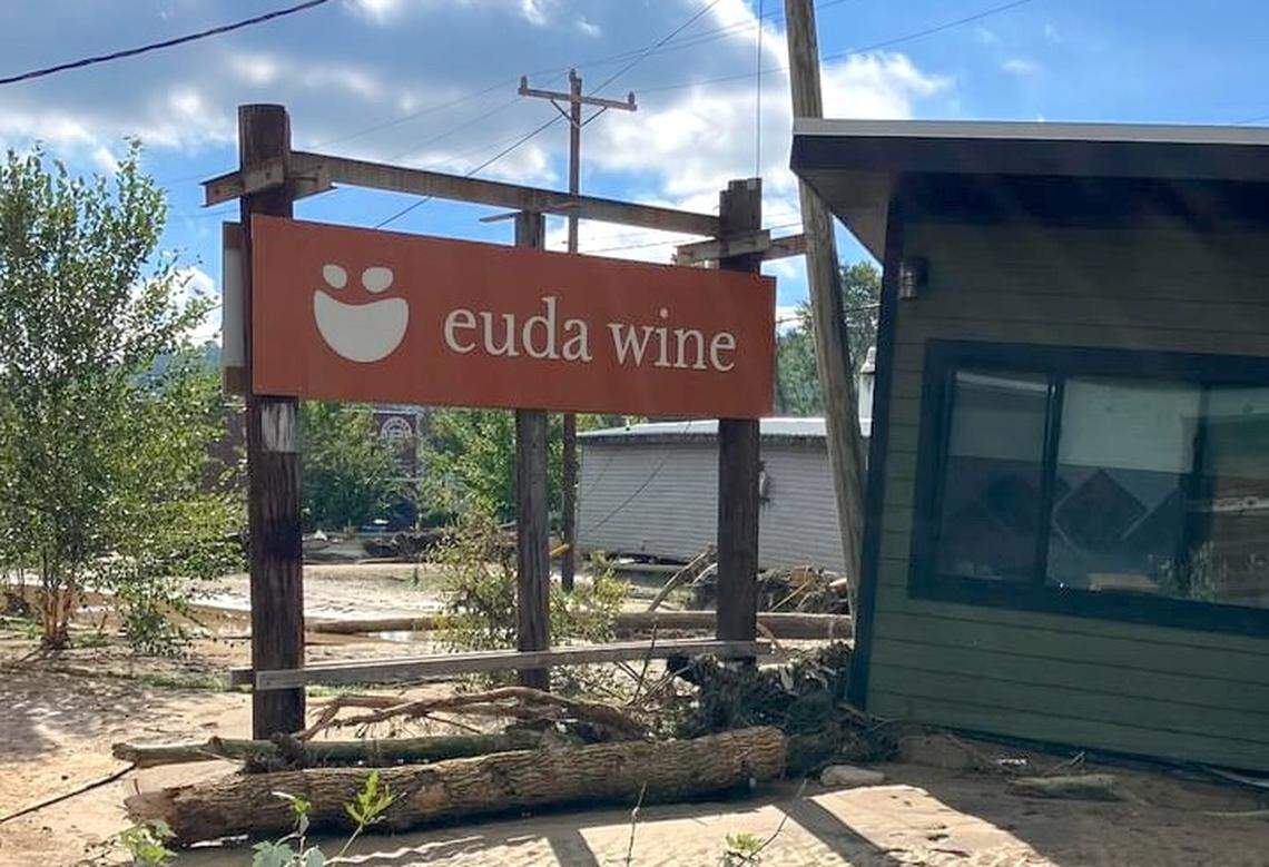 At Euda Wine in Old Fort, the winery was damaged and much of its inventory destroyed during Hurricane Helene. “For those who have never been to the winery, that house washed up from across the street,” the owner wrote on Instagram alongside this photo.