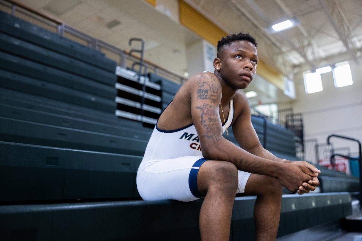 Mallard Creek wrestler, Cameron Stinson, poses for a portrait in Charlotte, N.C., on Thursday, May 30, 2024.