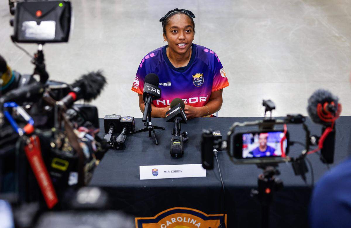 Forward Mia Corbin during Ascent Media Day at the Grady Cole Center in Charlotte, NC on Wednesday, August 13, 2025. Carolina Ascent FC is one of the eight initial teams of the USL Super League, a new Division One professional women's soccer league which kicked off its Inaugural Season in August 2024.