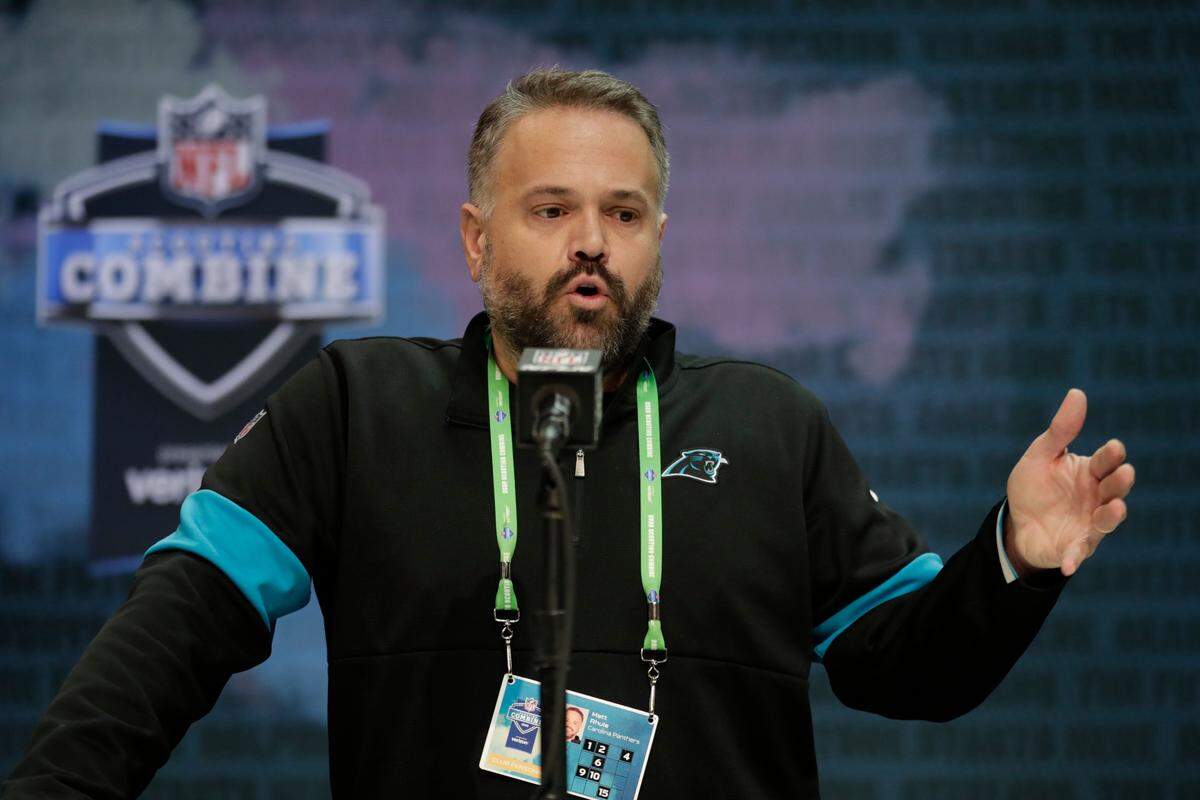 Carolina Panthers head coach Matt Rhule speaks during a press conference at the NFL football scouting combine in Indianapolis on Tuesday.