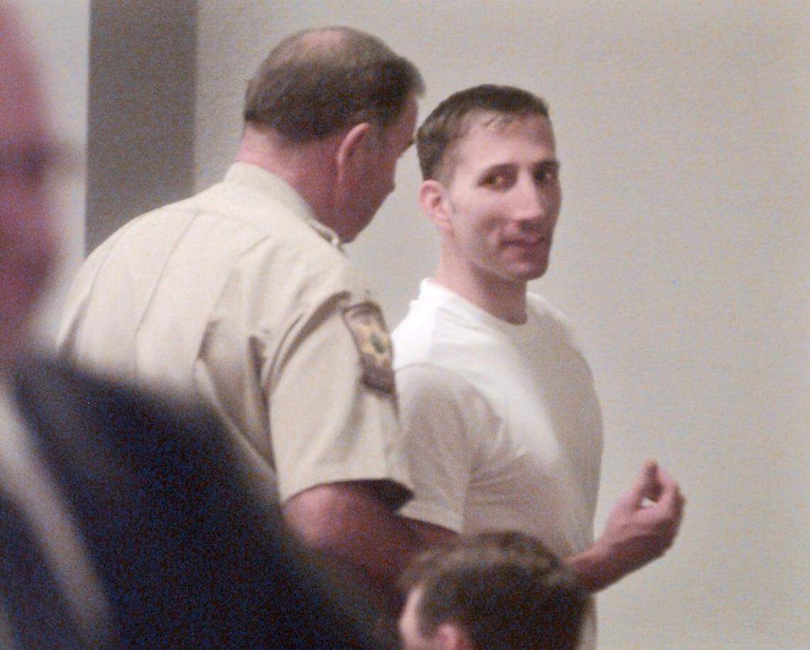 The movie “Roofman,” starring Channing Tatum, will begin filming in Charlotte in October. The true crime film is based on the story of “rooftop robber” Jeffrey Manchester, right, shown in this 2000 file photo in Gaston County Superior Court.