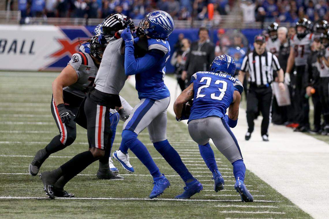 ST. LOUIS, MO - FEBRUARY 23: Kenny Robinson #23 of the St. Louis BattleHawks gets around a teammate as he makes his way downfield after intercepting a pass during the XFL game against the New York Guardians at The Dome at America’s Center on February 23, 2020 in St. Louis, Missouri. (Photo by Scott Kane/XFL via Getty Images)