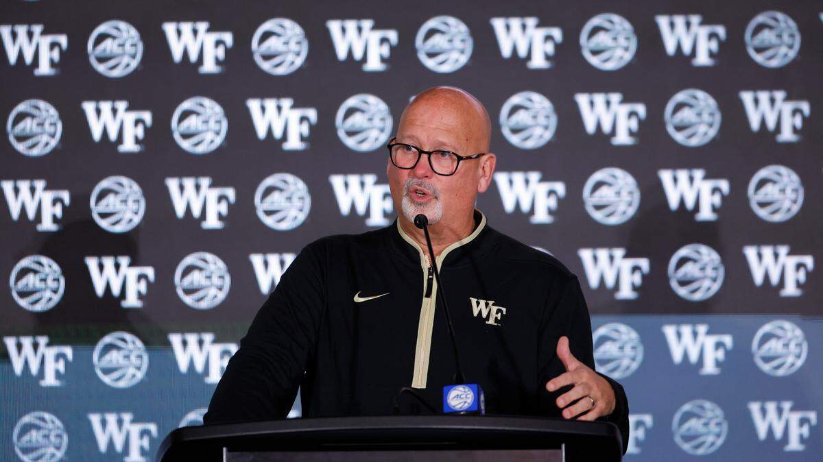 Wake Forest Head Coach Steve Forbes speaks to the media at the 2024 ACC Tipoff in Charlotte, N.C., Thursday, Oct. 10, 2024.